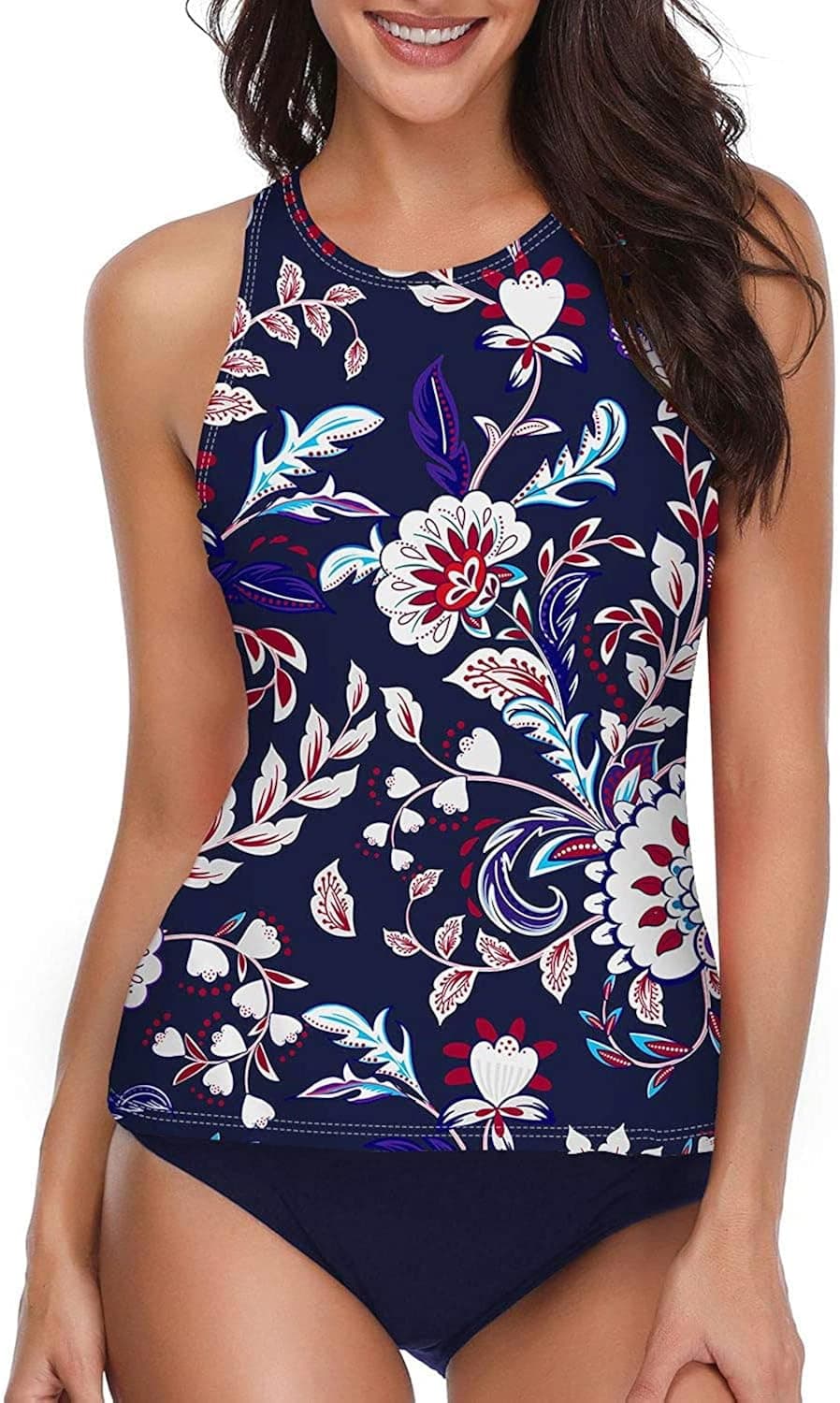 Holipick Women Dark Purple Floral Tankini Swimsuits High Neck Swim Tank Tops Tummy Control Two Piece Bathing Suits Halter Swimwear XXL