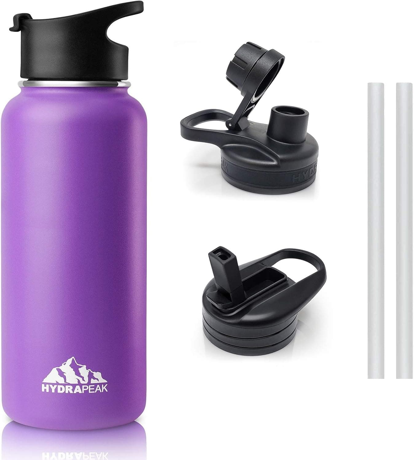 Hydrapeak 32oz (1L) Stainless Steel Vacuum Insulated Water Bottle, BPA Free Leak Proof Wide Mouth, Double Walled Flask with Flip, Chug and Bite Straw Handle Lids