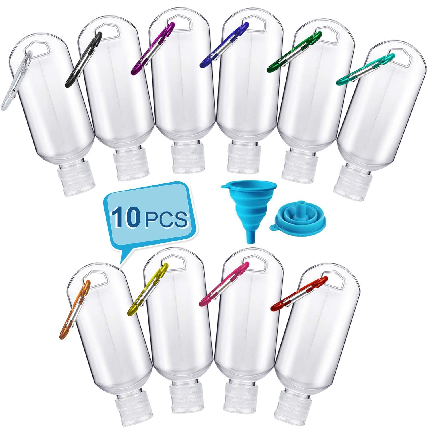 Huishang 10PCS Travel Bottles for Hand Sanitizer, 2oz Leak Proof Travel Bottles Set with Keychain, Portable Mini Size Squeeze Bottles for Toiletries & Liquid, Buckle-Random Colors, Come with Funnel