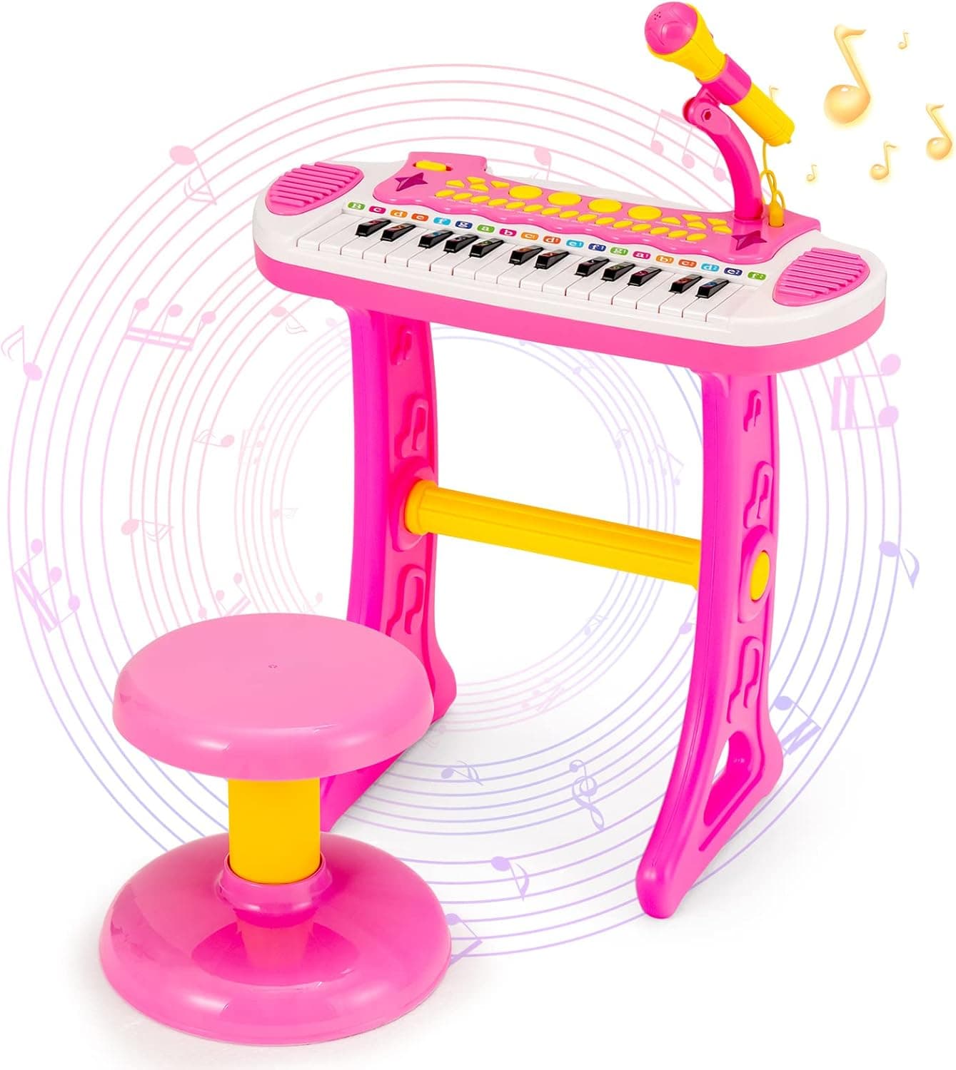 Costzon 31-Key Kids Piano Keyboard Toy, Toddler Electronic Musical Instrument Educational Toy w/Microphone, Multiple Sounds, Record Playback, Lights & Stool, Birthday Gift for Girls Boys Age 3+, Pink