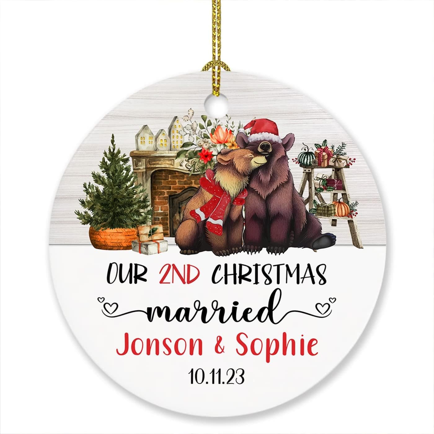 Our 2ND Xmas Married Ornament, Personalized Our Second Christmas Married Ornament Gift for Christmas 2023 Couple Bear Newlywed Wedding, Customized Anniversary Wedding & Name Couple Bear Ornaments