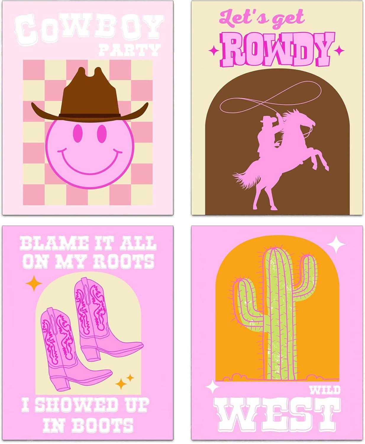 Pink Western Cowgirl Theme Wall Art Aesthetic Poster Preppy Room Decor, Retro Cowgirl Canvas Print, Glamour Cowgirl Wall Art for Girls Room College Dorm Room Decoration, Set of 4-(8"x10" Unframed)