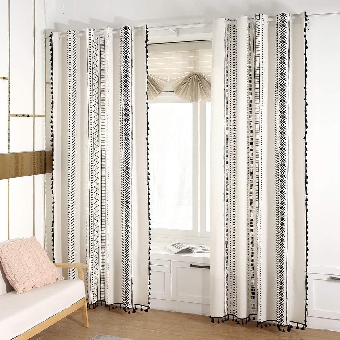 SUCSES 2 Panels Boho Curtains for Bedroom Living Room, Cotton Linen Grommet Bohemian Tassel Window Curtains, Farmhouse Geometric Striped Room Darkening Drapes, W59 xL63