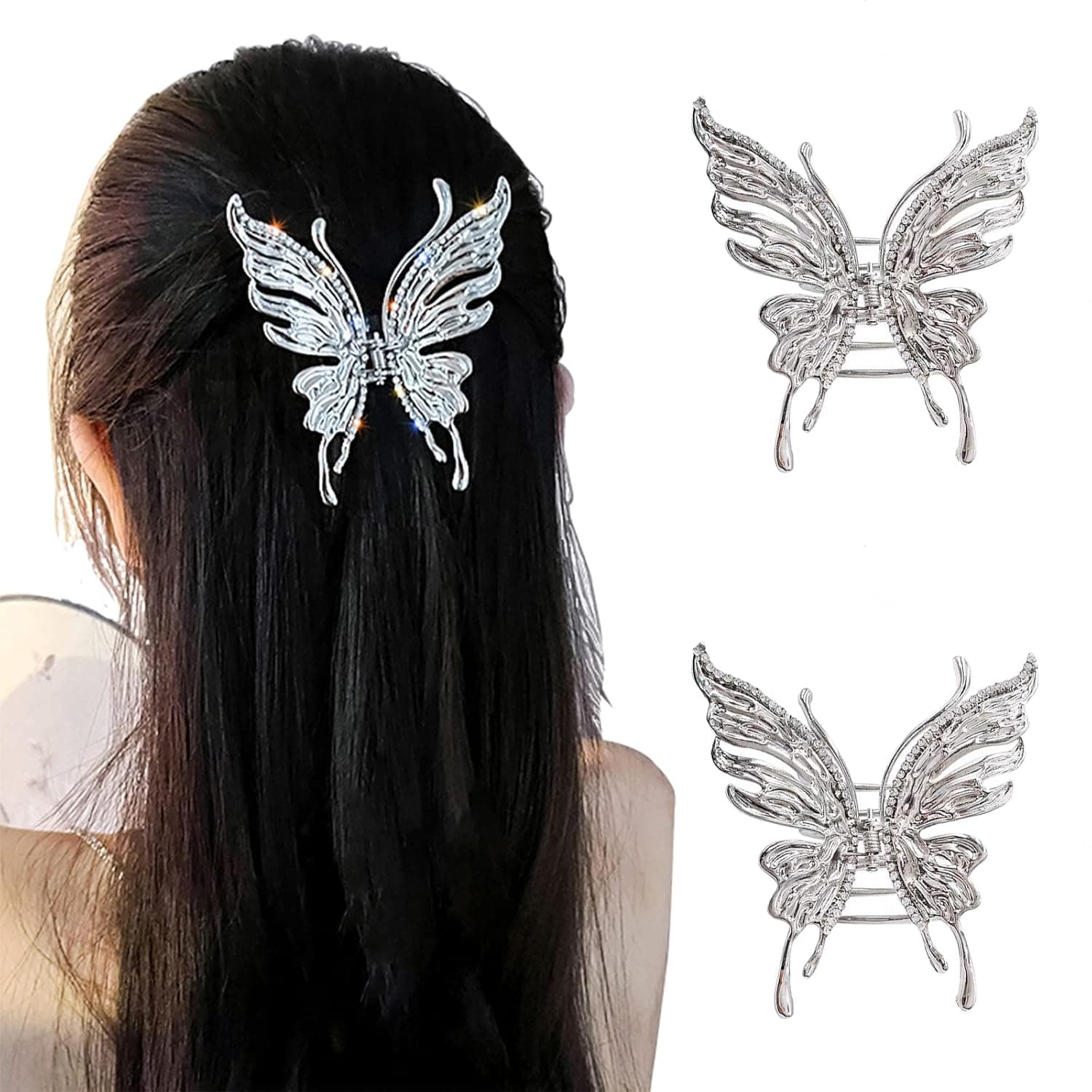 Jessfiny 2 Pcs 90's Cute Butterfly Hair Clips Large Metal Hair Claw Clips Jaw Clips for Women Girls Thick Long Hair Styling Accessories Clamps With Box Package (silver)
