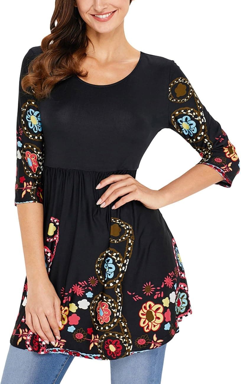 Womens 3/4 Sleeve Tunic Round Neck Boho Floral Tunic Blouse Swing Shirt,Black2,Medium
