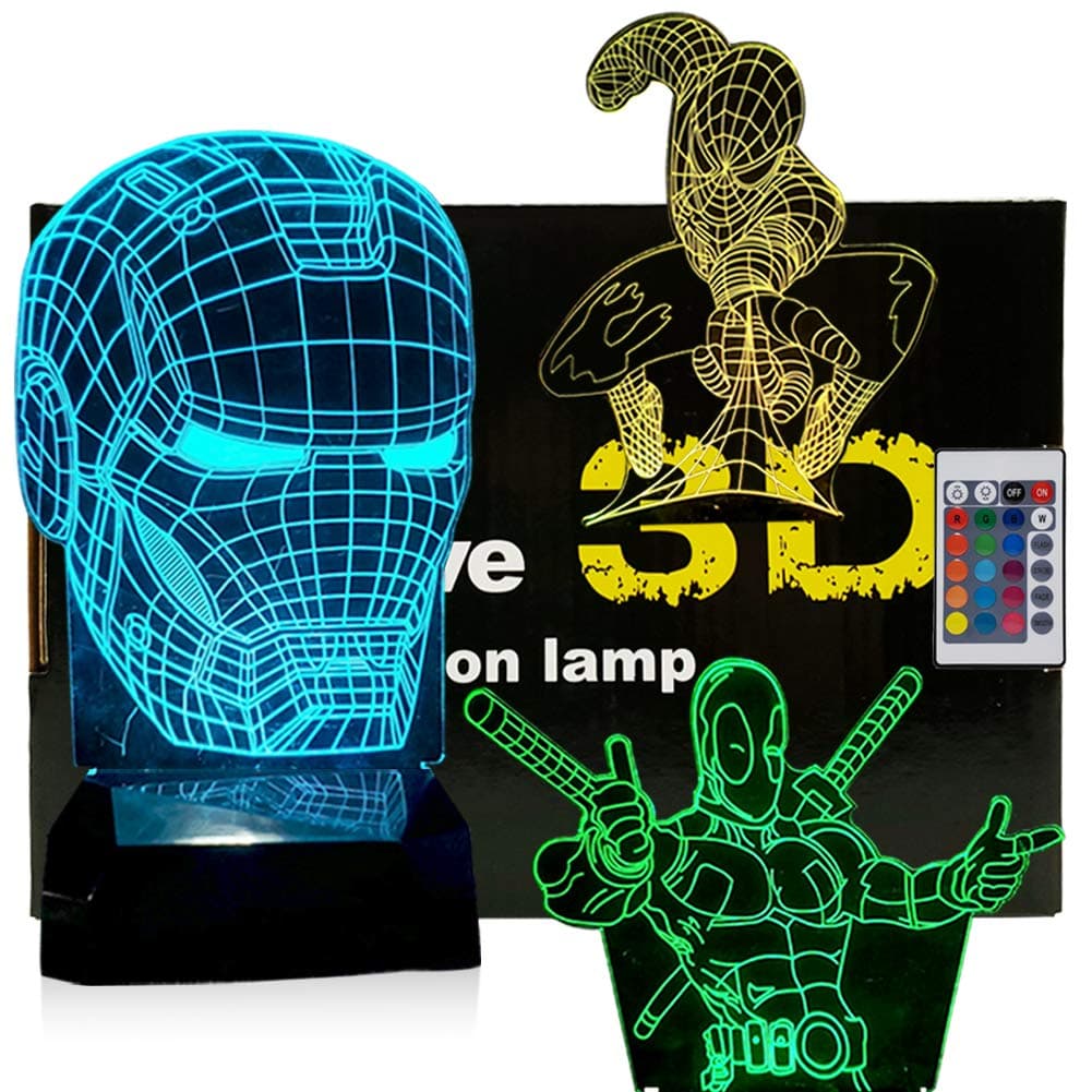 3 in 1-3D Night Light for Boys,3 Pattern Design(Iron Man Spider Man Deadpool)– 7Colors-3D Illusion Lamp with Remote Control,Best Birthday Gifts for Boys Girls Baby(Avengers 3 in1)