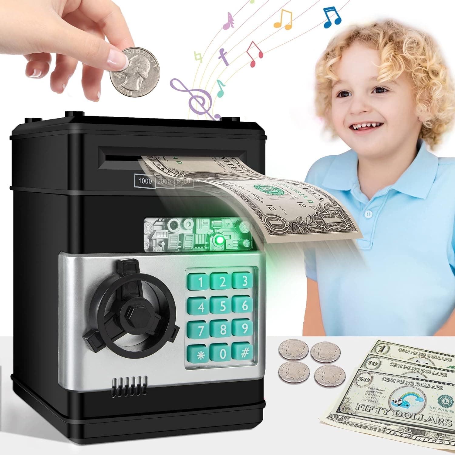 MAGIBX Kids Toys for 6 7 8 9 10 11 Year Old Boys Gifts, Piggy Bank for Boys Toys Age 6-8-10-12, Money Saving Box for Kids 5-7 ATM Machine for Boys Halloween Birthday Gifts for 7 8 Year Old Boy, Black
