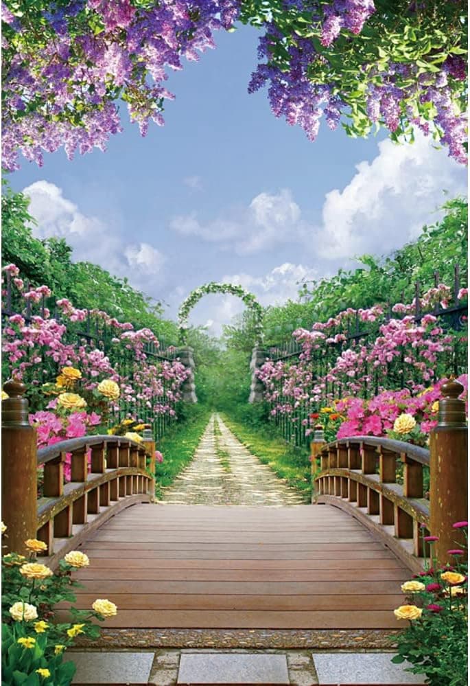 Remandacy Spring Backdrop 5x7 Flower Garden Landscape Path Photography Background Floral Wood Bridge Wedding Birthday Party Decorations Kids Adult Portrait Photo Shoot Studio Props