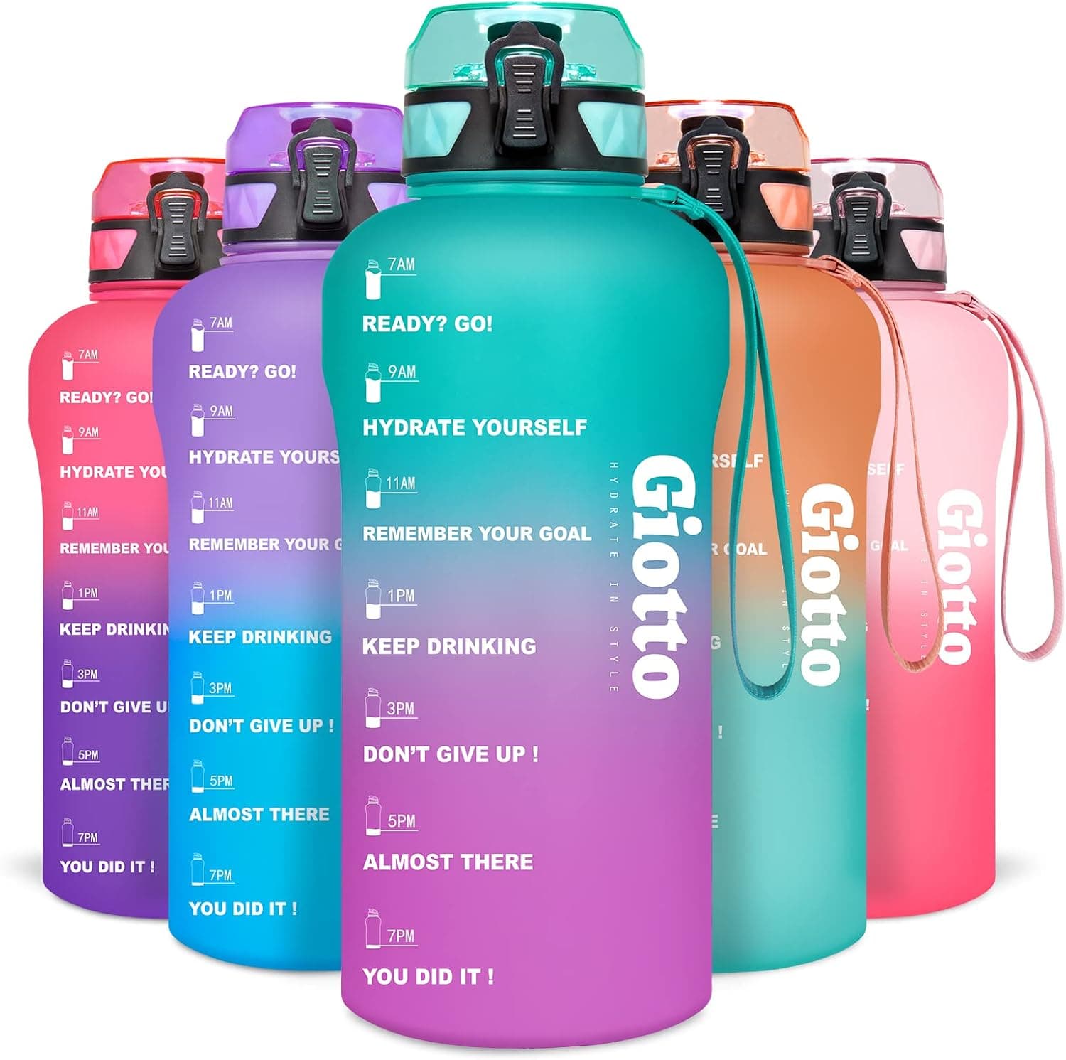 Giotto Large Half Gallon/64oz Motivational Water Bottle with Time Marker & Removable Strainer, Leakproof BPA Free Water Jug to Remind You Drink More Water, Hydrate in Style