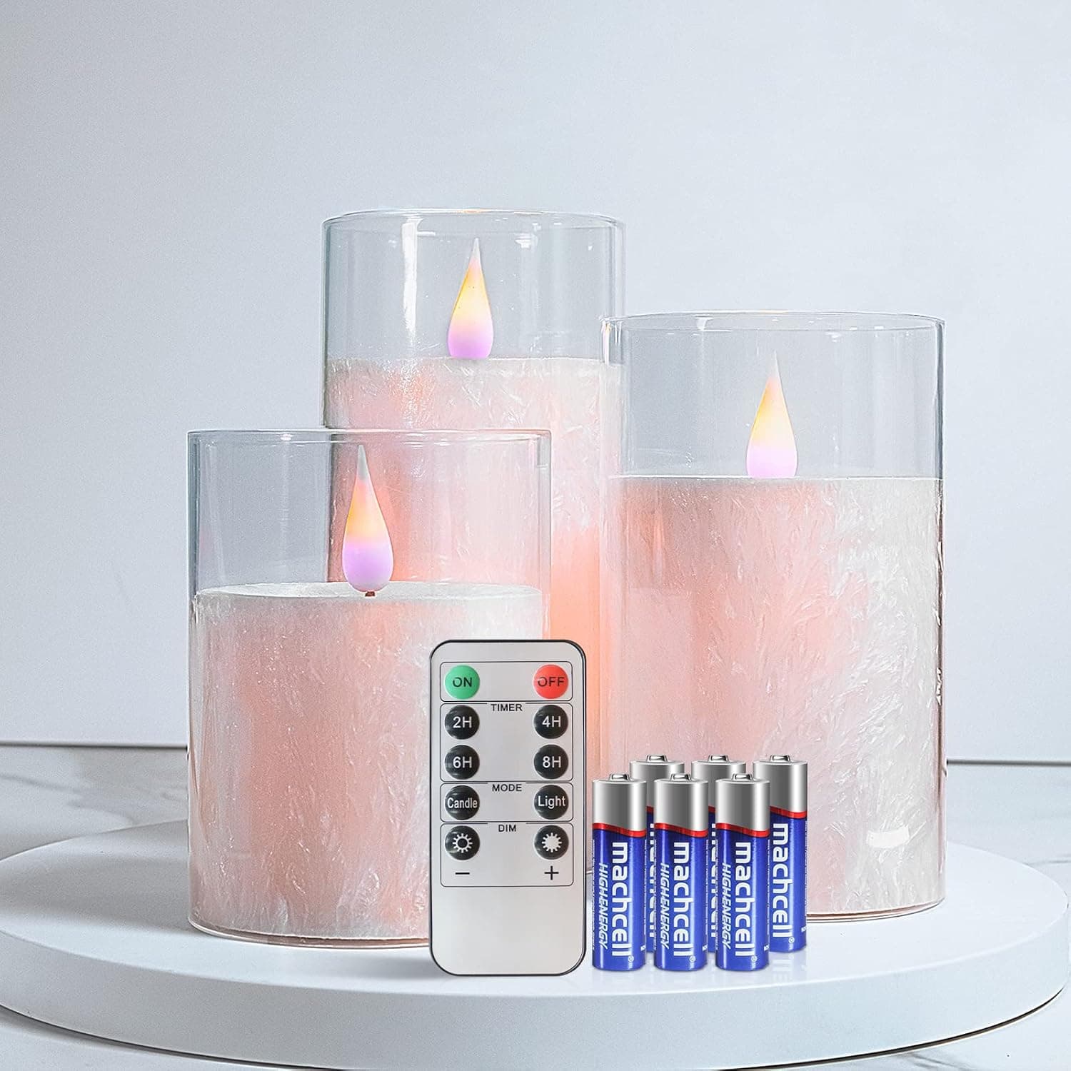 Fmix Flameless Candles, 1000hrs LED Candles Battery Operated with Remote, 3Pcs Real Wax Acrylic Plexiglass Shell Battery Candles D3 H4 5" 6" (White, Included 6 Batteries)