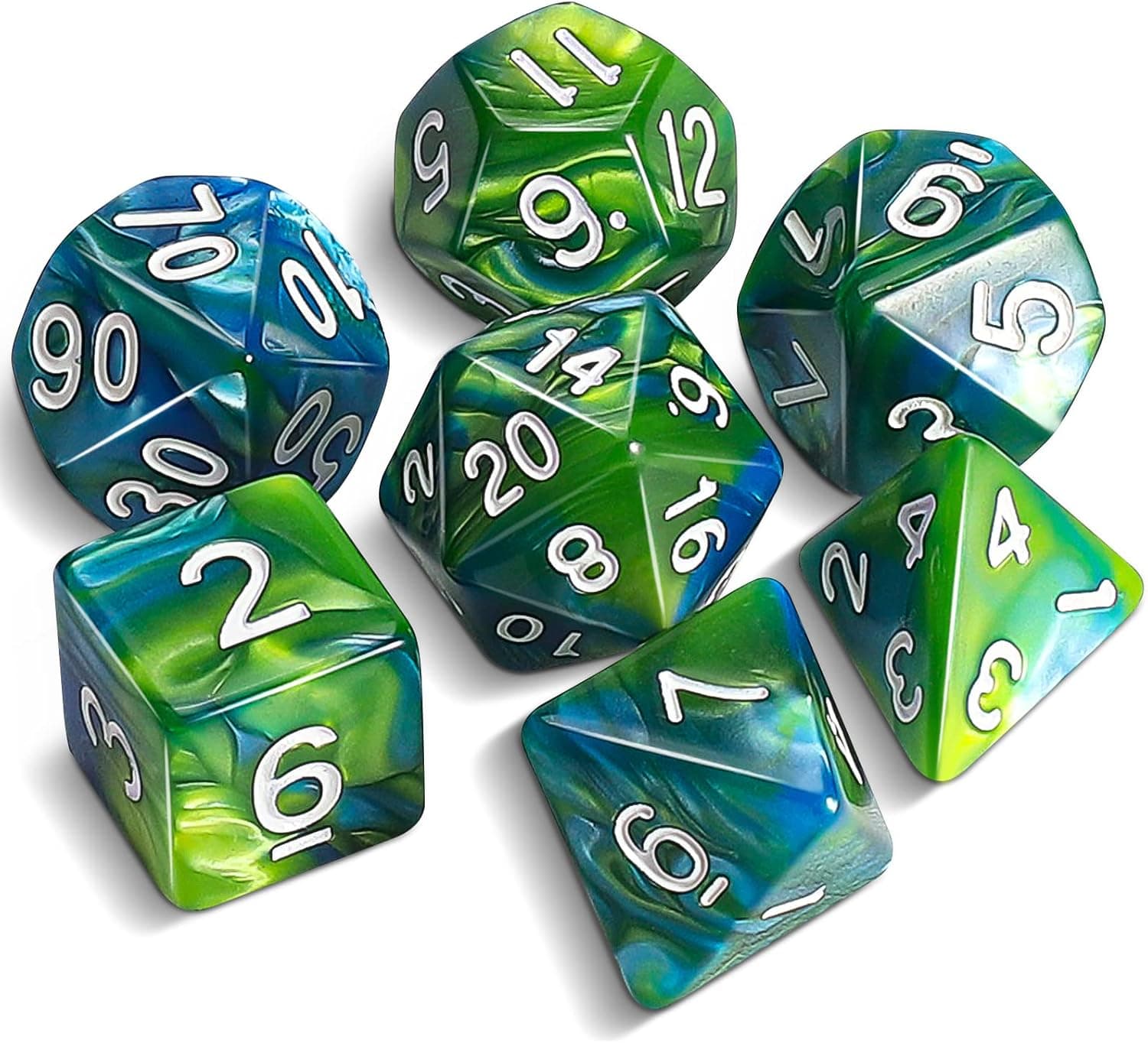 CiaraQ Double-Colors Polyhedral Dice Set for Dungeons and Dragons, with a Black Drawstring Pouch. (Blue-Green)