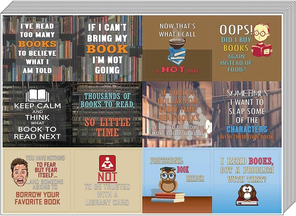 Creanoso Bookish Humor and Sayings (10-Sheet) – Total 120 pcs (10 X 12pcs) Individual Small Size 2.1 x 2. Inches, Waterproof, Unique Themes Designs, DIY Art Decal for Boys & Girls, Children, Teens