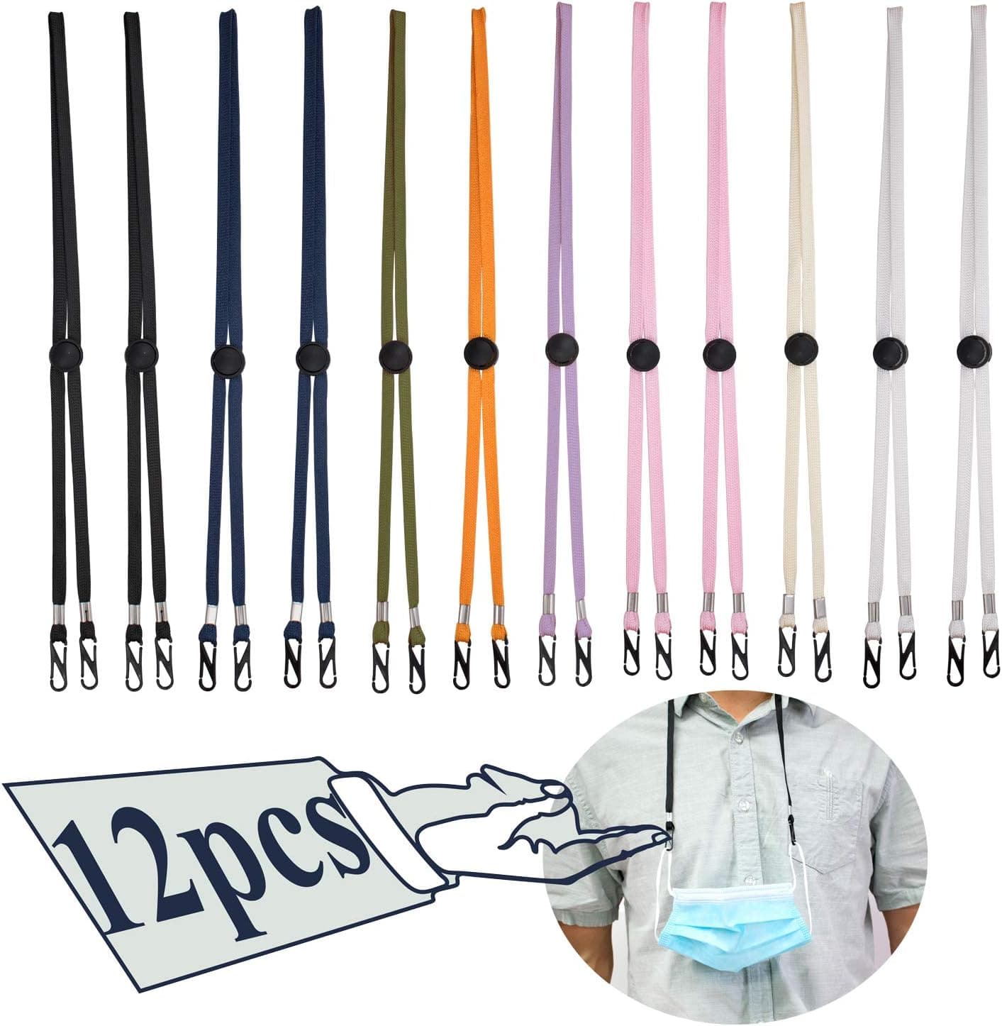 Hiyoo 12pcs Anti-lost Face Cover Lanyard Strap Adjustable Length Ear Pressure Relief Extender Strap Handy with Holder Hanger Around The Neck Fits any Face Cover Kids Go to School