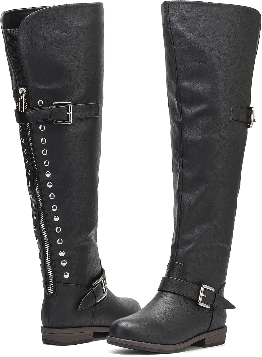 CentroPoint Women's Over The Knee Boot Fashion Wide Calf Flat Heel Boots Round Toe Back Zip Buckles Riding Booties