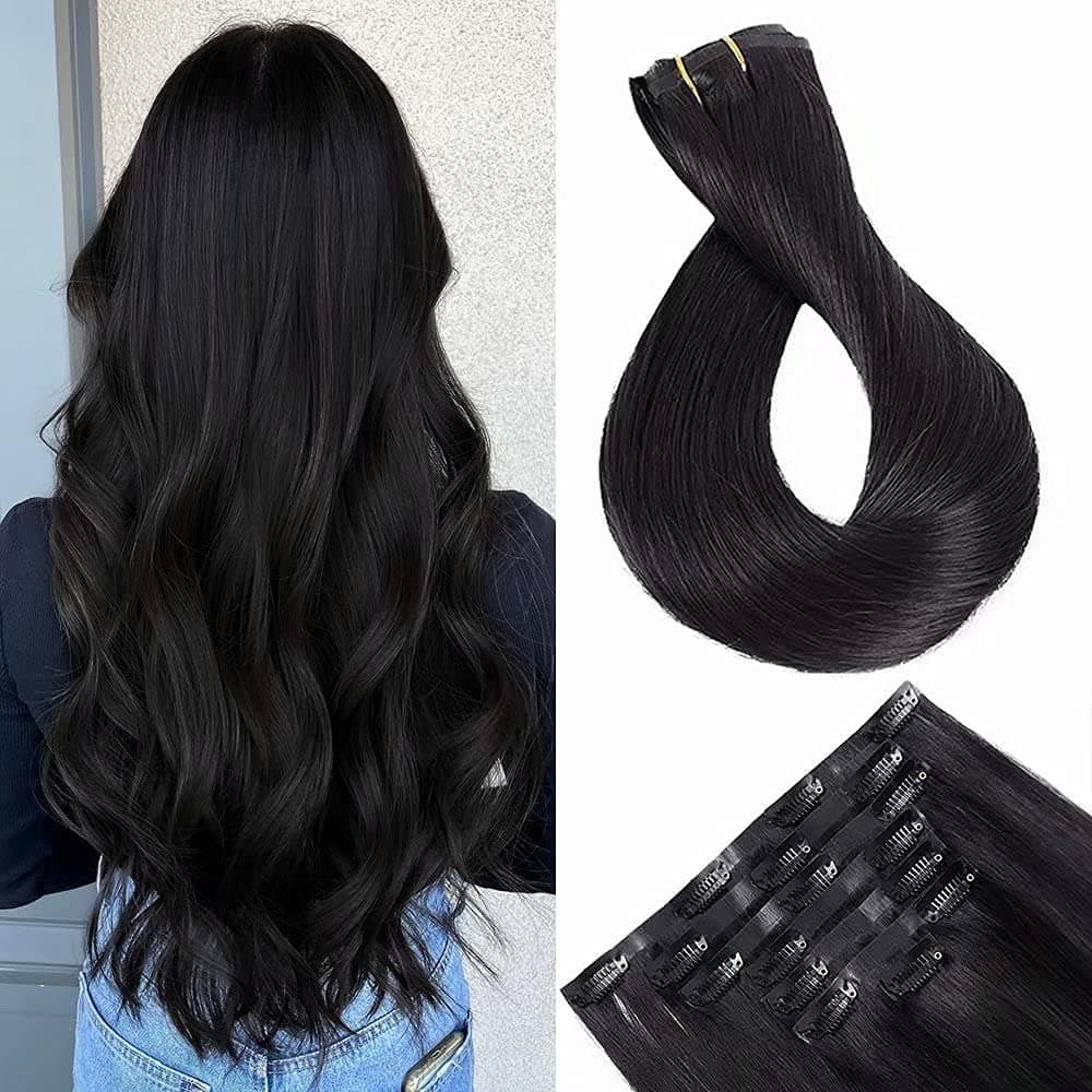Maxfull Seamless Clip In Hair Extensions Human Hair Black, Ultra-Invisible Skin Weft Clip In Remy Hair Extensions Human Hair, 7pcs, 22inch, 115g
