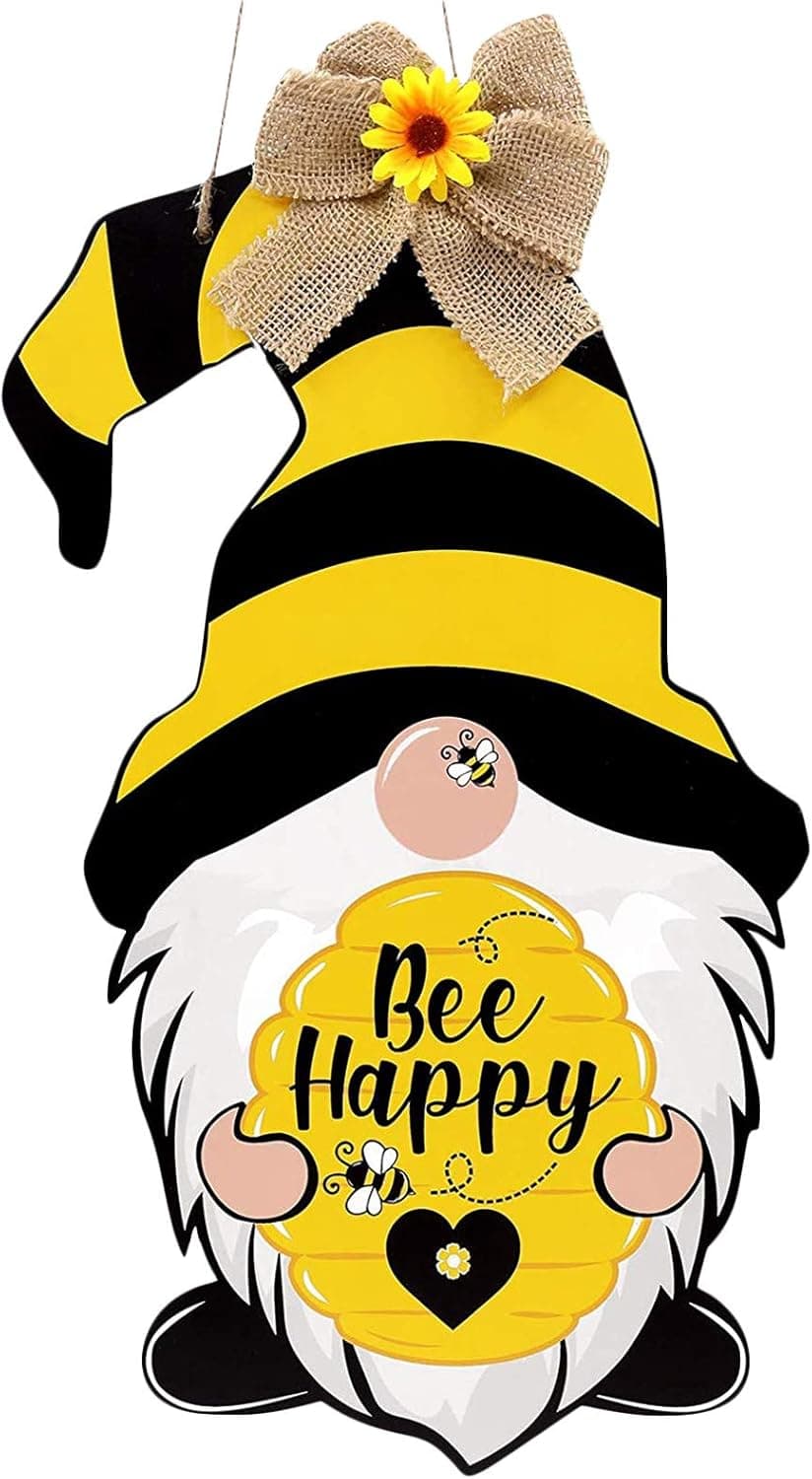 Happy Bee's Day Door Hanging Decoration,Cute Bumble Bee Gnomes Door Sign,Scandinavian Tomte Door Hanger for Spring Summer Front Door Porch Decor