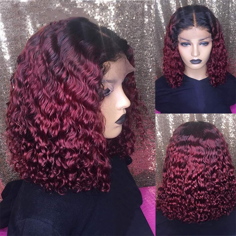 Derun Curly Bob Wig Short Bob Human Hair Wigs For Women 1b/30 13x6 1b/99J Burgundy Lace Front Human Hair Wigs Remy (12 Inch, 1b/99J)