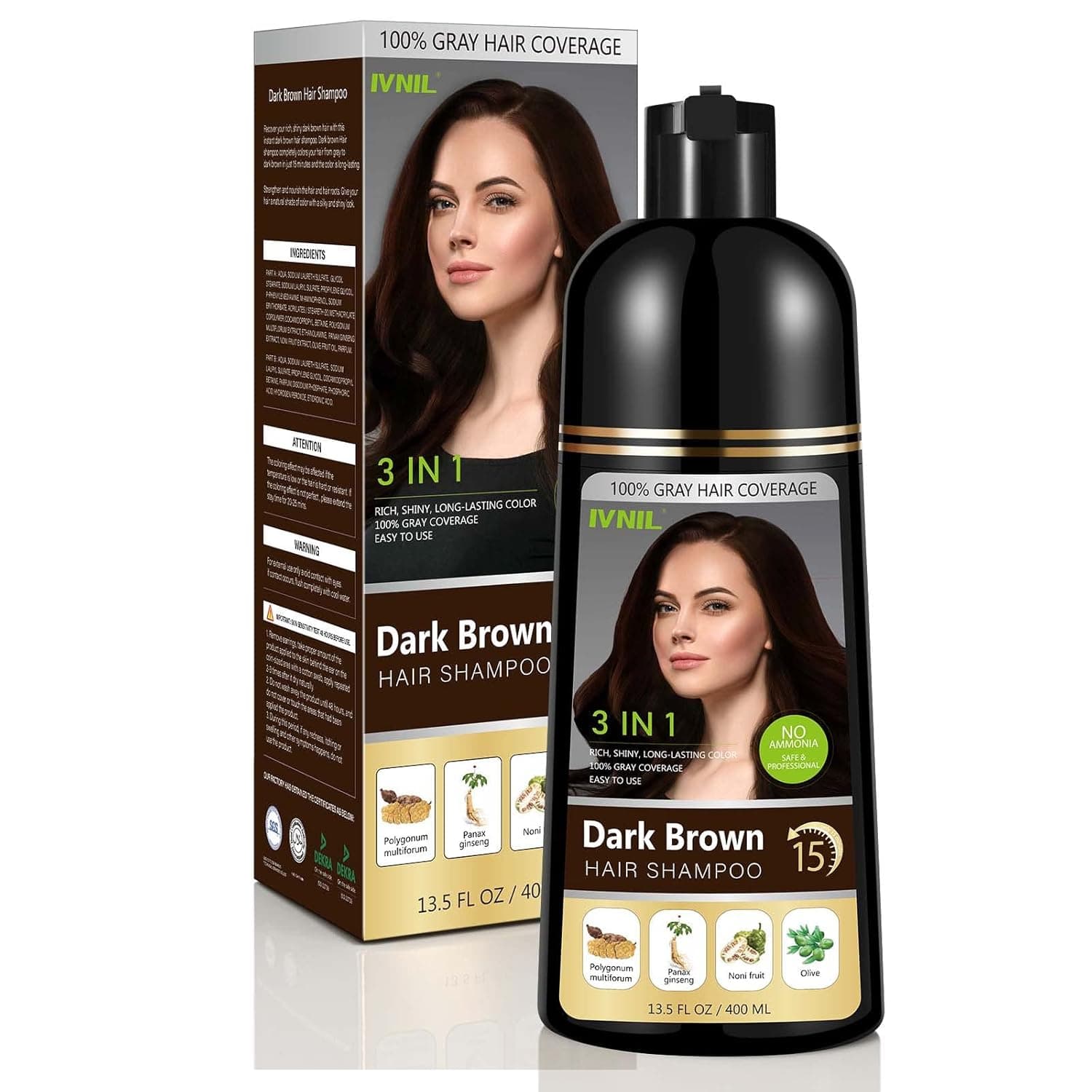 Ivnil Dark Brown Hair Dye Shampoo Herbal Hair Color Shampoo 3 in 1 Permanent Natural Shampoo - 100% Grey Hair Coverage for Women and Men - Ammonia free, Gift for Mom Dad Instant Result - 400ML