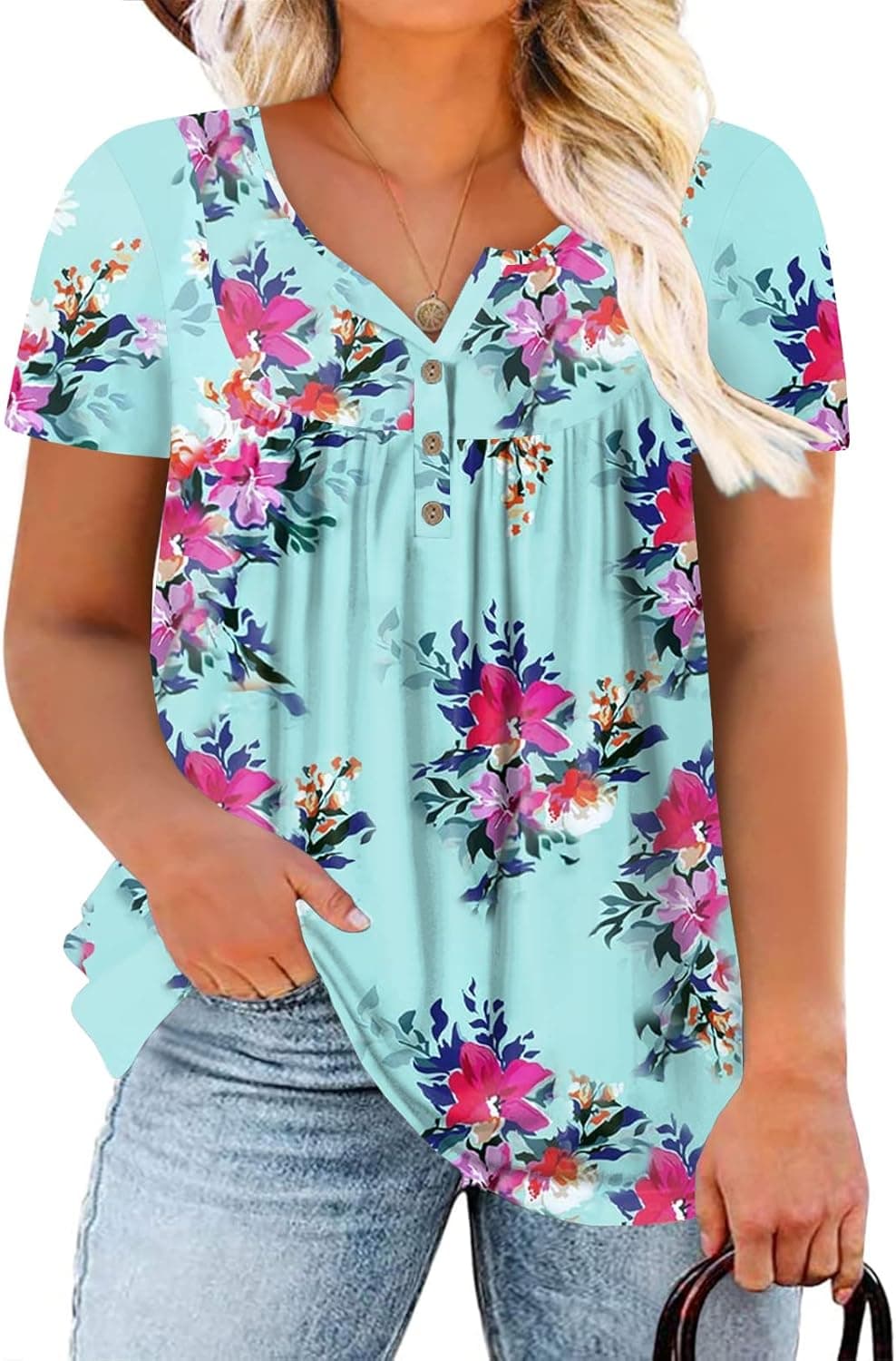 ROSRISS Womens-Plus-Size-Tops-Summer Buttons Up Henley Shirts V Neck Blouses Flowy Pleated Tunics Tee