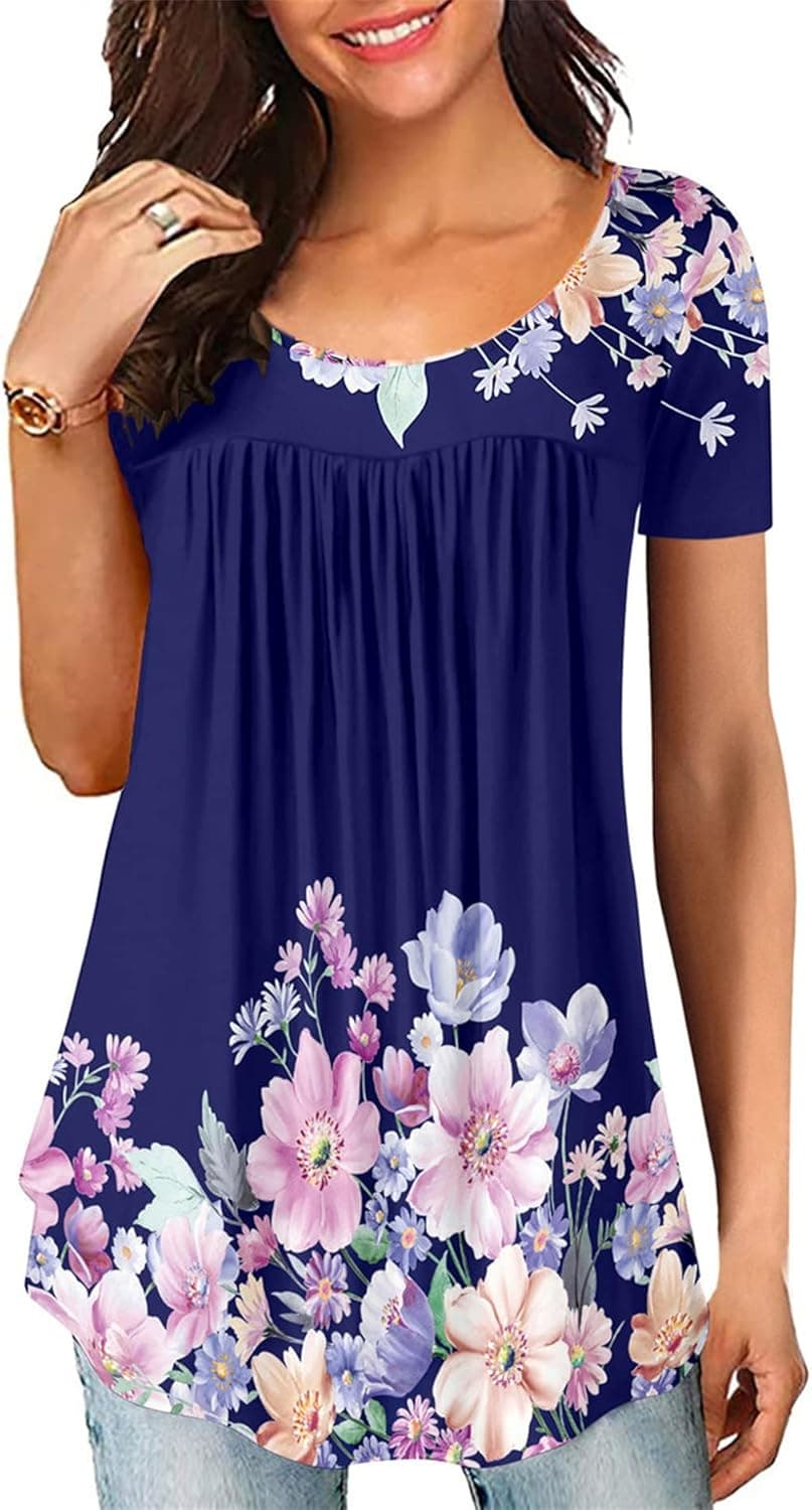 Flowy Tunic Tops for Women Summer Top Floral Blouses Fit and Flare Tunic Top Ladies Floral Top Short Sleeve Dark Blue S