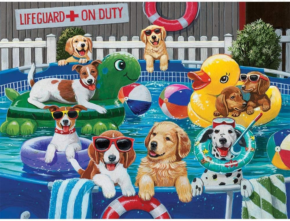 Bits and Pieces - 1000 Piece Jigsaw Puzzle for Adults 20" x 27"  - Puppy Pool Party - 1000 pc Summer Swimming Dog Jigsaw by Artist William Vanderdasson