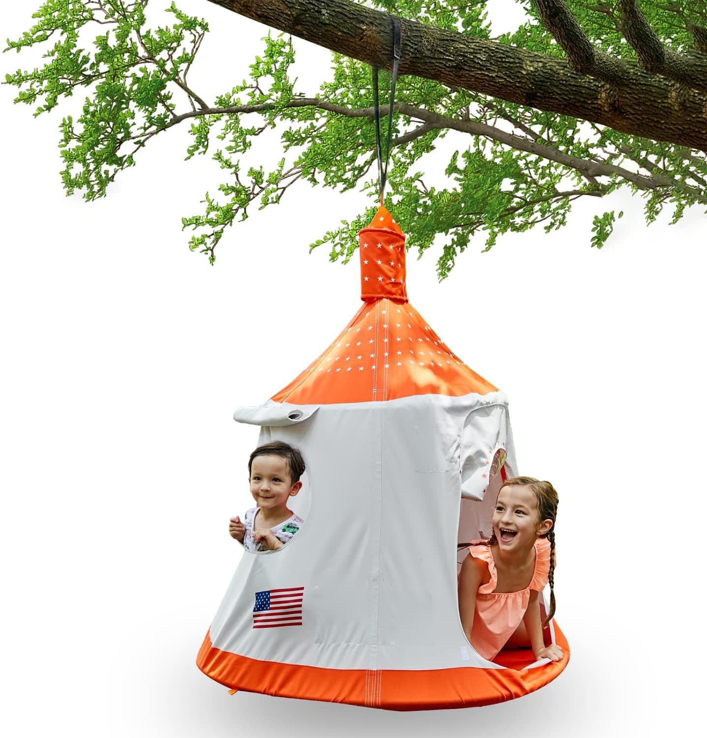 HAPPYPIE Hanging Tree Tent for Kids Indoor and Outdoor Waterproof Tree Hammock Tent Includes LED Lights and Swing Set Accessories,Max Capacity 330 lbs-Orange