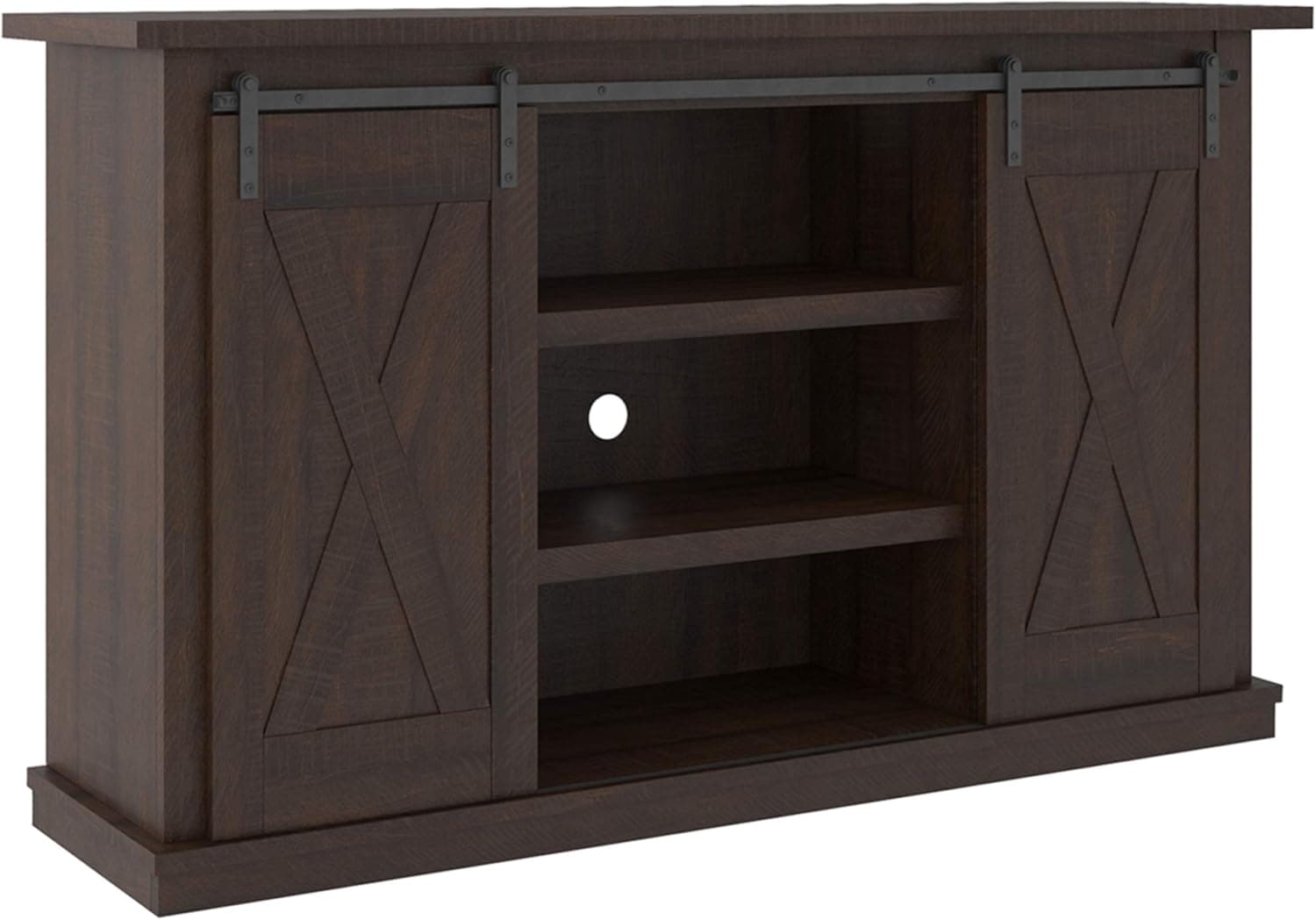 Signature Design by Ashley Camiburg Farmhouse TV Stand Fits TVs up to 50" with Sliding Barn Doors and Storage Shelves, Dark Brown