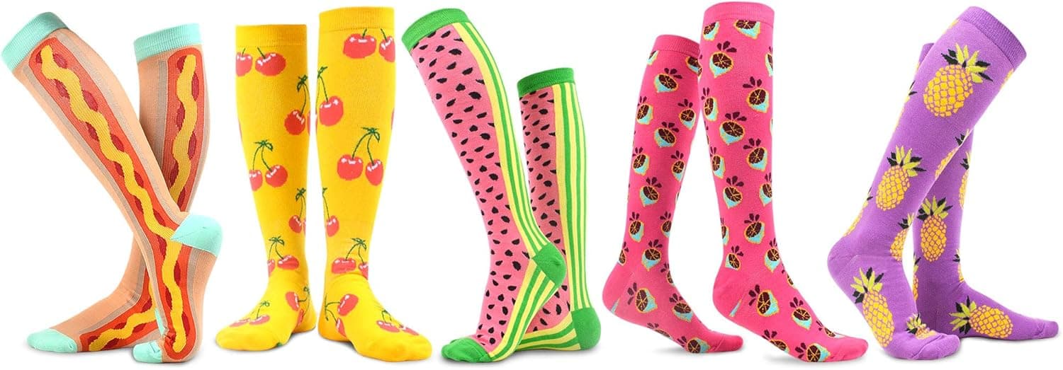 MAKABO Novelty Colorful Funny Fruit Pattern Cotton Knee High Socks for Women 5 Packs