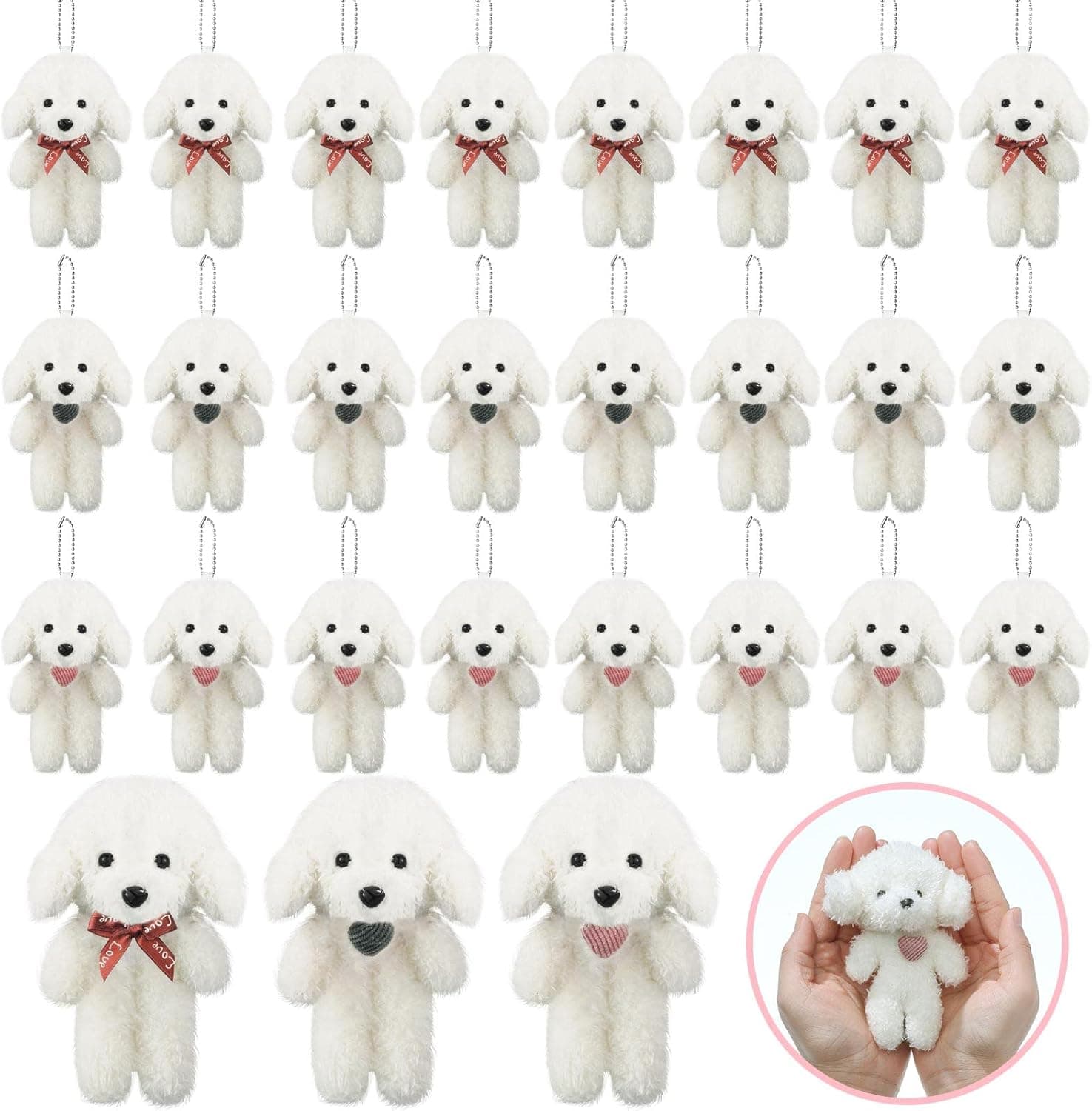 Civaner 24 Pcs Valentine's Day Mini Plush Stuffed Animal Toys Tiny Pendant Dog Bear Doll for DIY Keychain Birthday Wedding Xmas Decorations Party Favor Backpack Handbag Accessory (Dog with Heart)