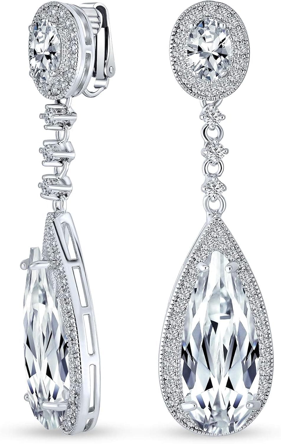 Statement Teardrop Cubic Zirconia AAA CZ Dangle Chandelier Screw Clip On Earrings For Women Silver Plated More Colors