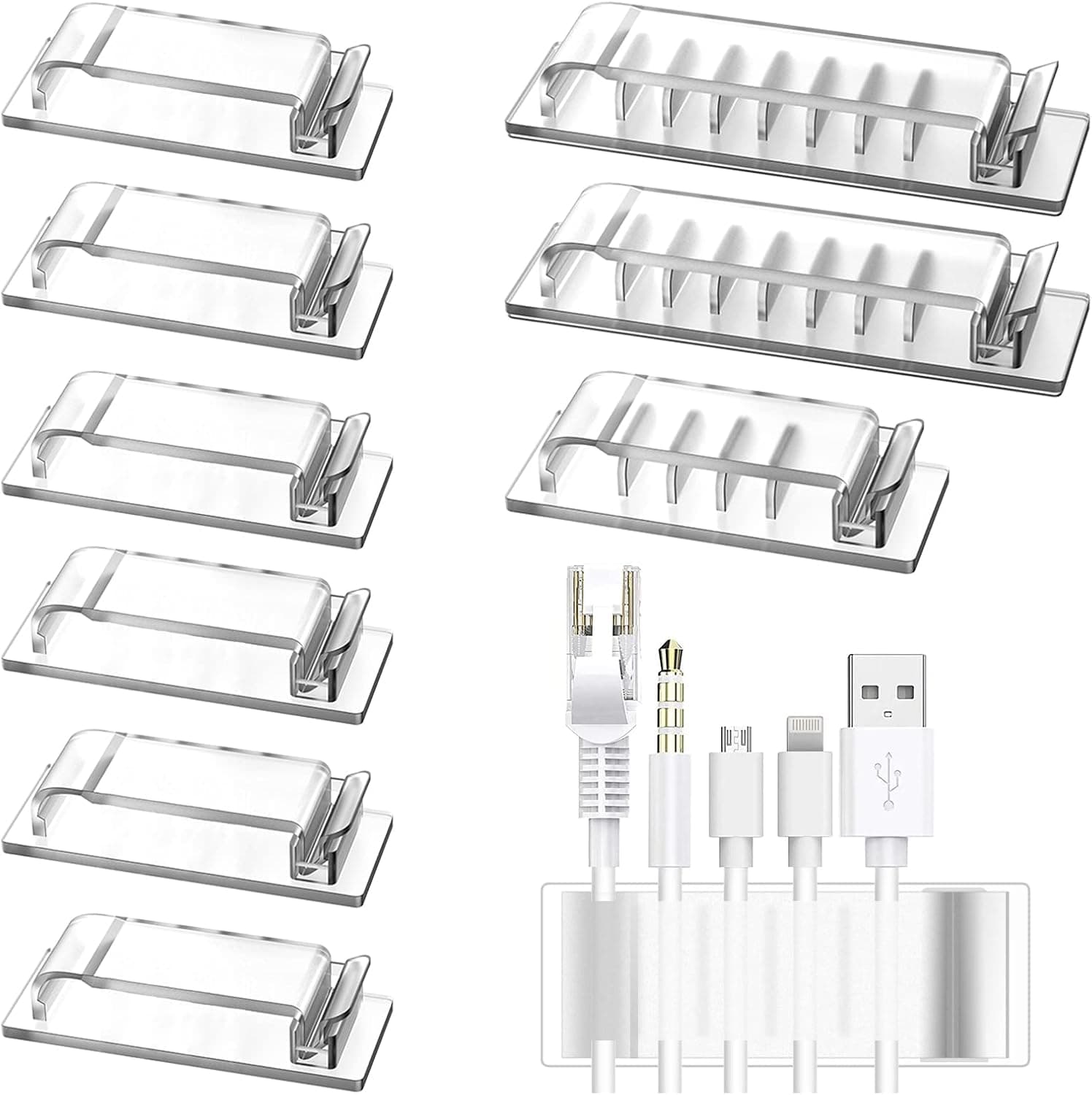 Cable Management Clips, 10 Pieces Cord Organizers Including 3 Specifications of Acrylic Self-Adhesive Cable Organizers, Apply to Office/Desk Cord Clamps/Car/Phone/USB Cable Arrange