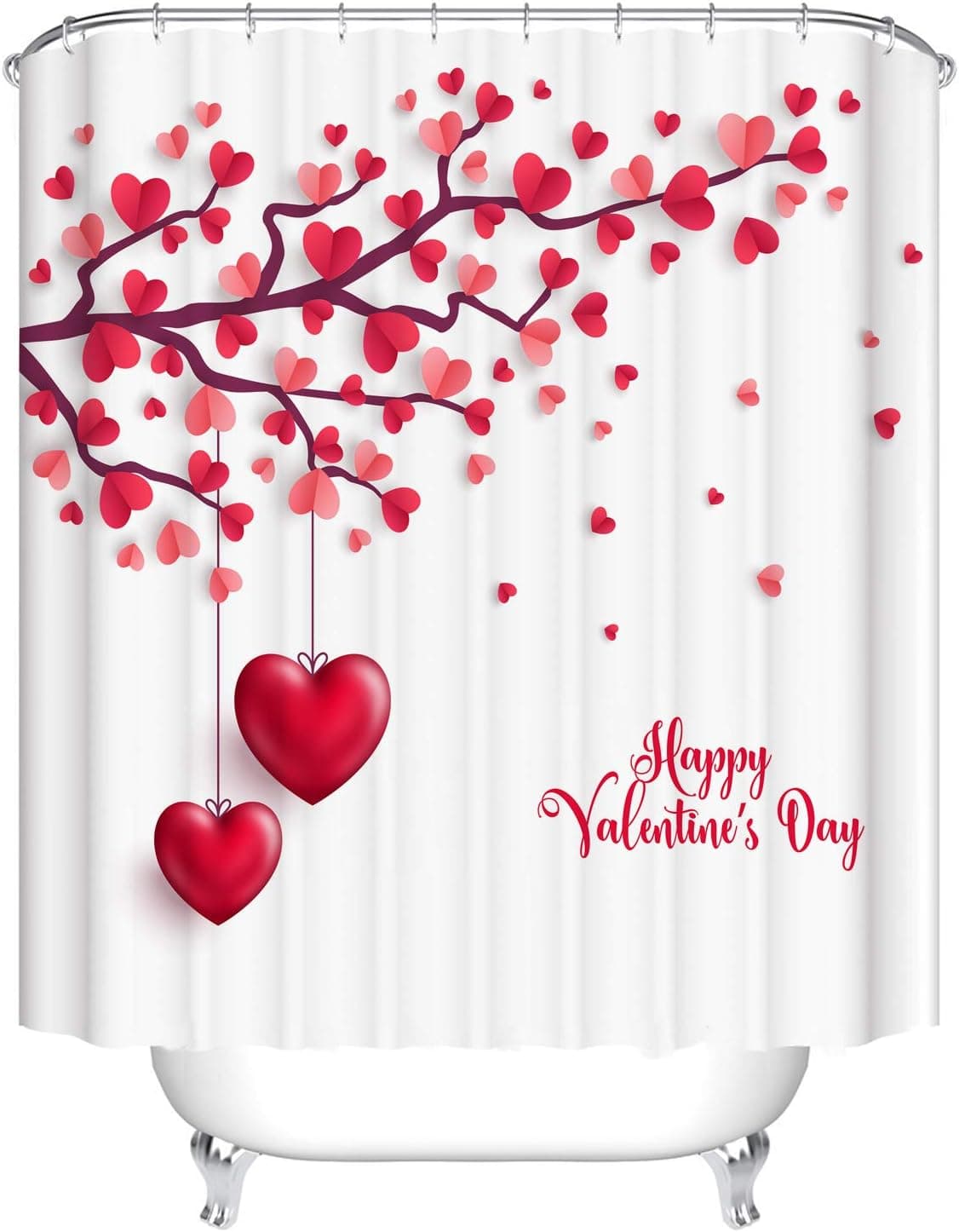 Dodou Red Love Heart Tree Bathroom Decor Valentine's Day Shower Curtain Waterproof Fabric Polyester Set with Hooks (72''Wx72''H)