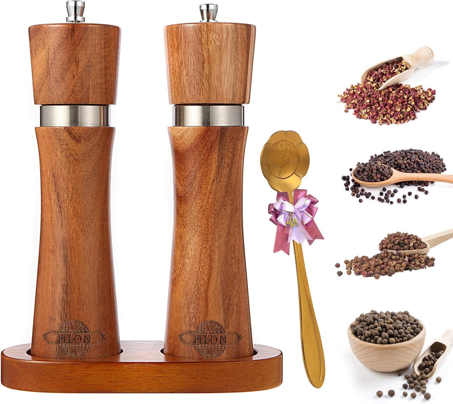 Wooden Salt and Pepper Grinders Set, Acacia Wood Pepper Mills with Stainless Steel Rose Spoon and Wooden Tray, Adjustable Coarseness with Ceramic Grinding Core, 8 inches Salt and Pepper Shakers