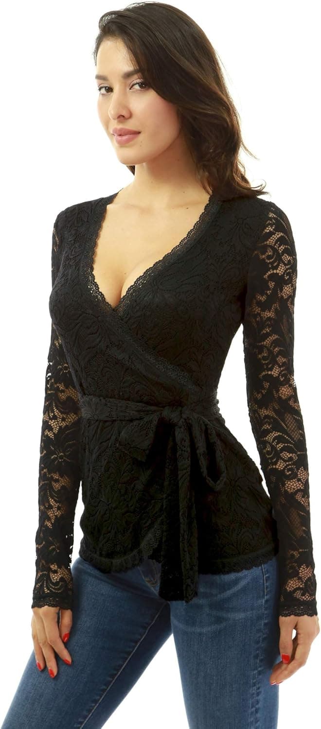 PattyBoutik Women Floral Lace Long Sleeve Wrap Blouse (Black Large)