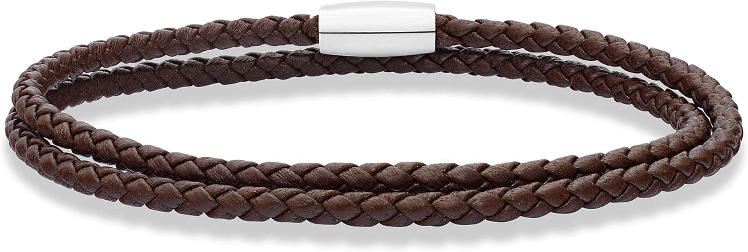 Miabella Genuine Italian Double Wrap Braided Leather Bracelet for Men Women, Stainless Steel Magnetic Closure, Made in Italy
