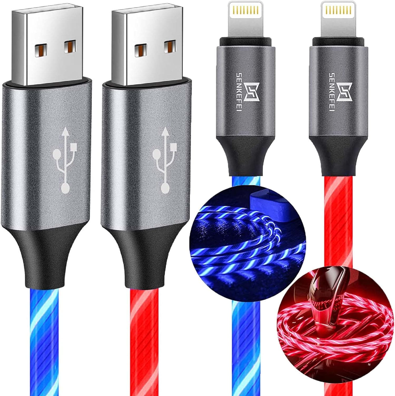 6.6ft iPhone Charger Cable, 2 Pack [MFi Certified] LED Light up Charger Lightning Cable, Visible Flowing Fast Charging for iPhone 12Pro Max/11 Pro /11/XS Max/XR/X/SE/8 Plus/7s/6s/5, iPad iPod Touch