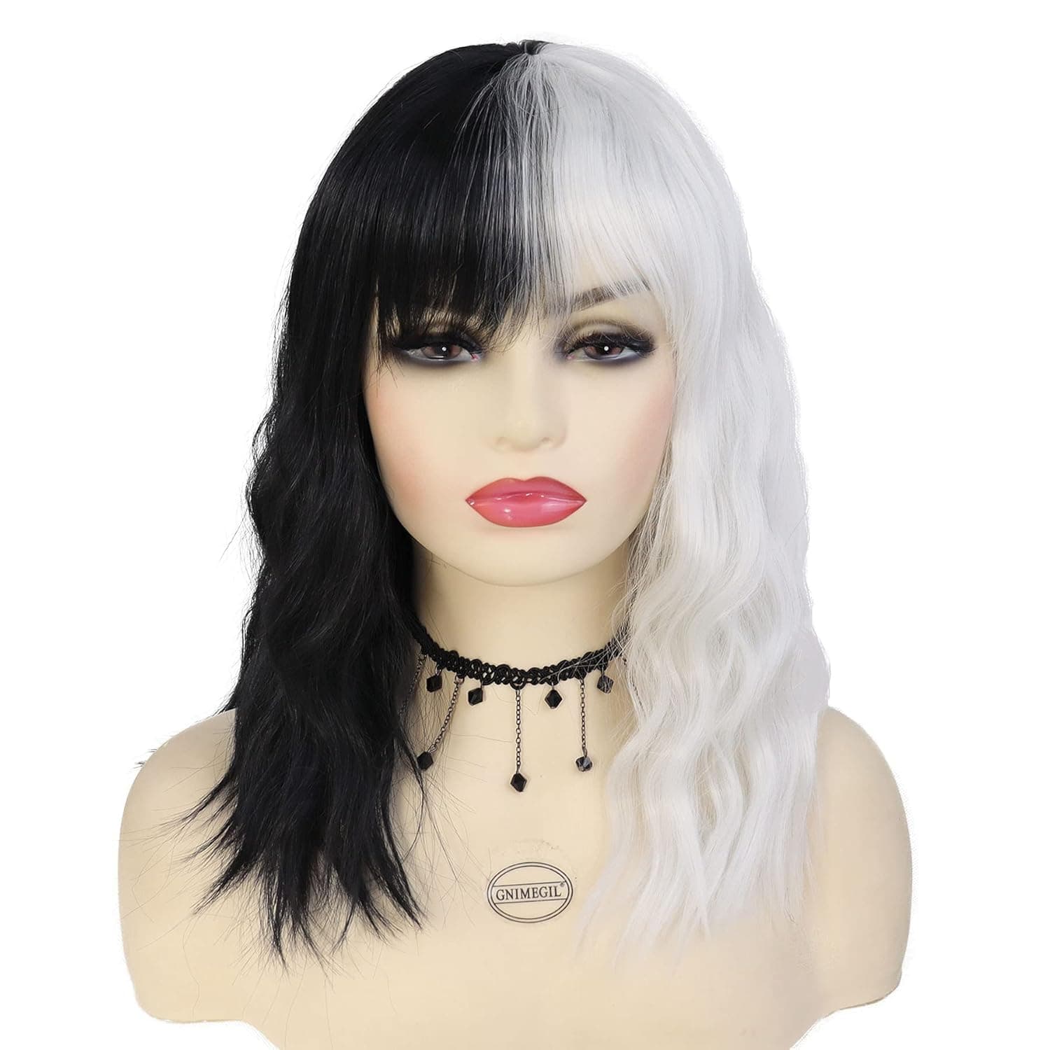 GNIMEGIL Half Black Half White Wigs with Bangs Short Big Wavy Wigs Synthetic Halloween Costume Wigs for Women