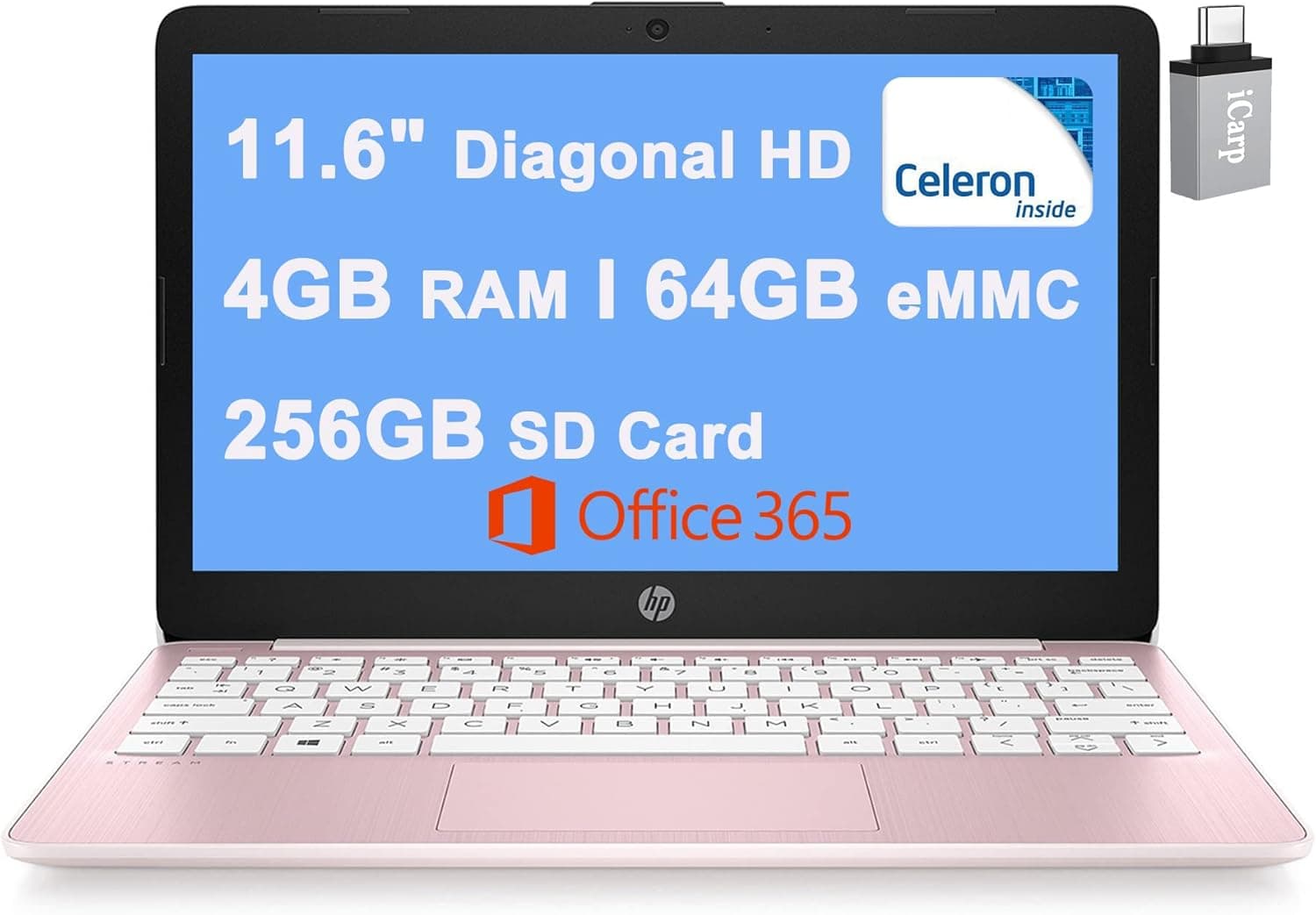 HP Stream 11 Laptop Computer 11.6 inches Diagonal HD Anti-Glare Display Intel Celeron N4000 4GB RAM 64GB eMMC 256GB SD Card USB-C HDMI Bluetooth Office365 Win10 Pink + USB-C Adapter, HP Stream latop