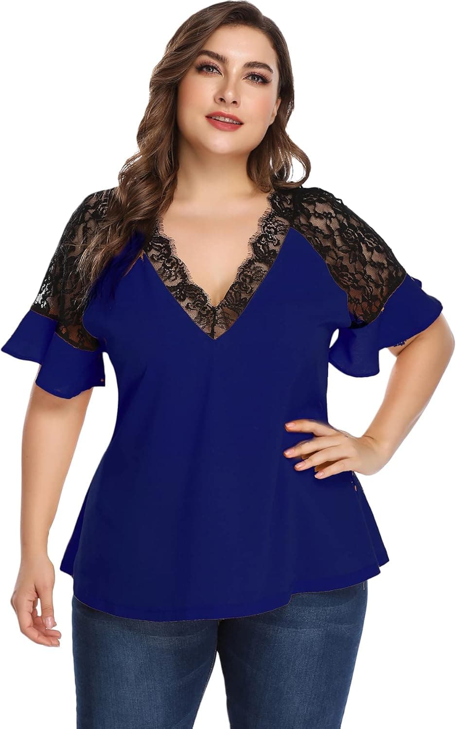 Romwe Women's Plus Size Elegant Short Sleeve Work Office Lace Deep V Neck Flounce Blouse