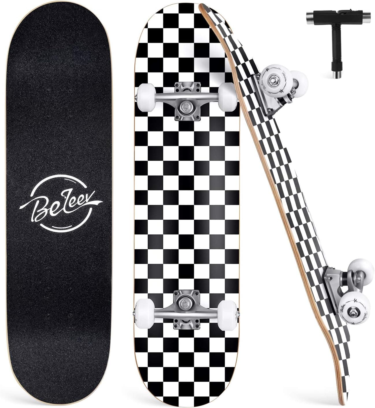 BELEEV Skateboards for Beginners, 31 x 8 inch Complete Skateboard for Kids Teens Adults, 7 Layer Canadian Maple Double Kick Deck Concave Cruiser Trick Skateboard with All-in-One Skate T-Tool