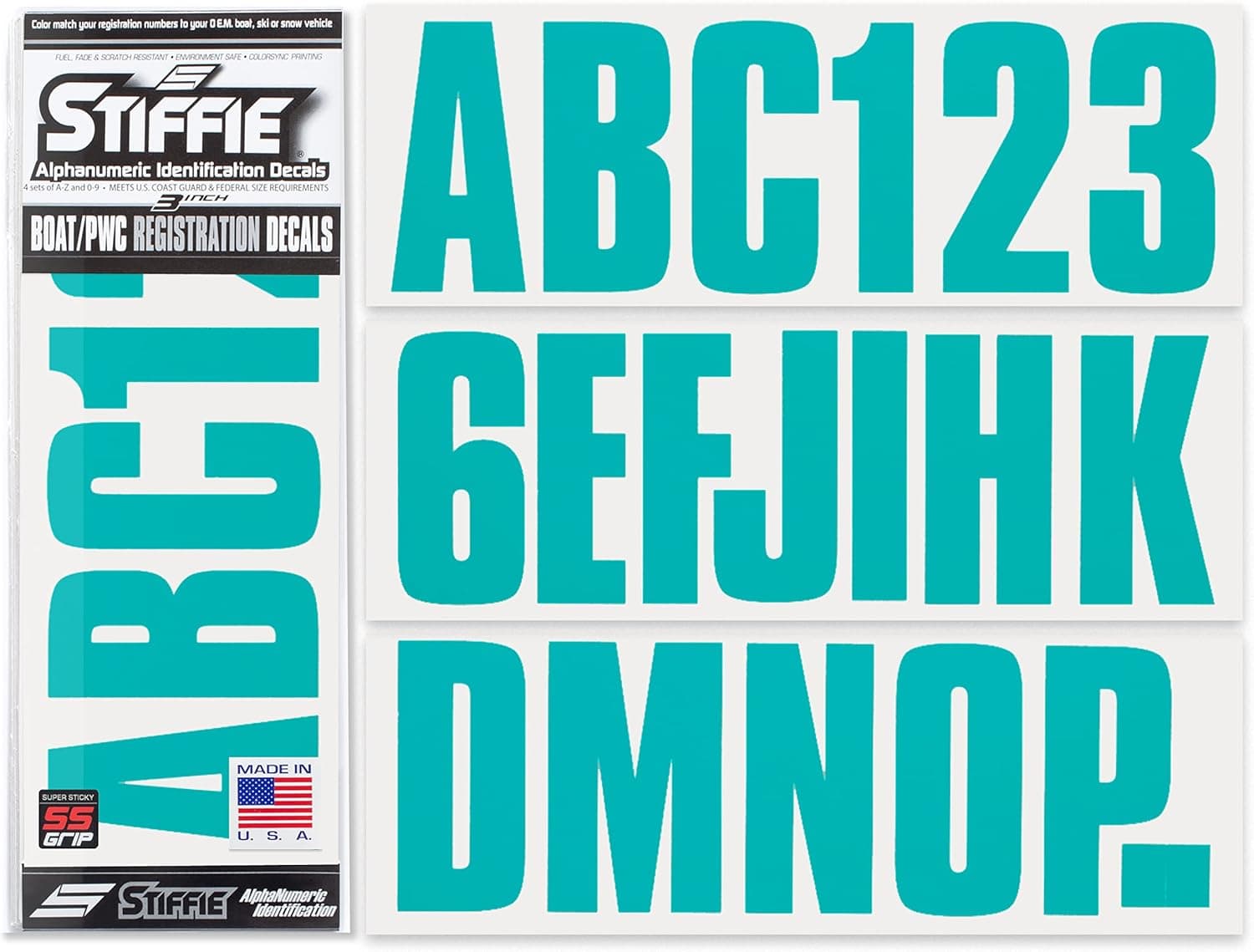 Stiffie Uniline Candy Blue Super Sticky 3" Alpha Numeric Registration Identification Numbers Stickers Decals for Sea-Doo Spark, Inflatable Boats, Ribs, Hypalon/PVC, PWC and Boats.