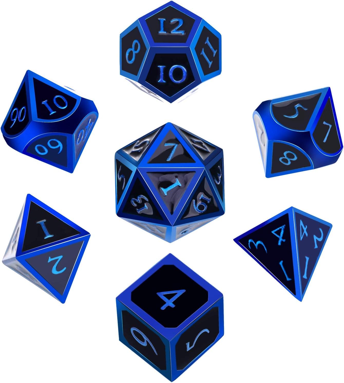 HESTYA 7 Pieces Metal Dices Set Game Polyhedral Solid Metal Dice Set with Storage Bag and Zinc Alloy with Enamel for Role Playing Game Dungeons and Dragons, Math Teaching (Blue Edge Black)