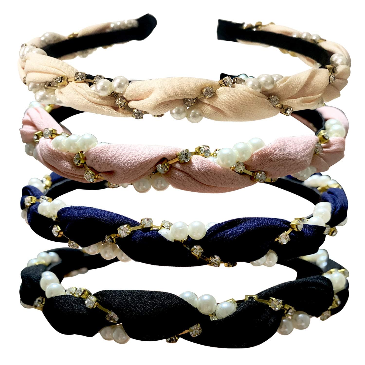 Jseng 4 Pack Fashion Rhinestone Headbands with Faux Pearl Elastic Thin Hair Hoops Hair Accessories for Women and Girls, Great gift