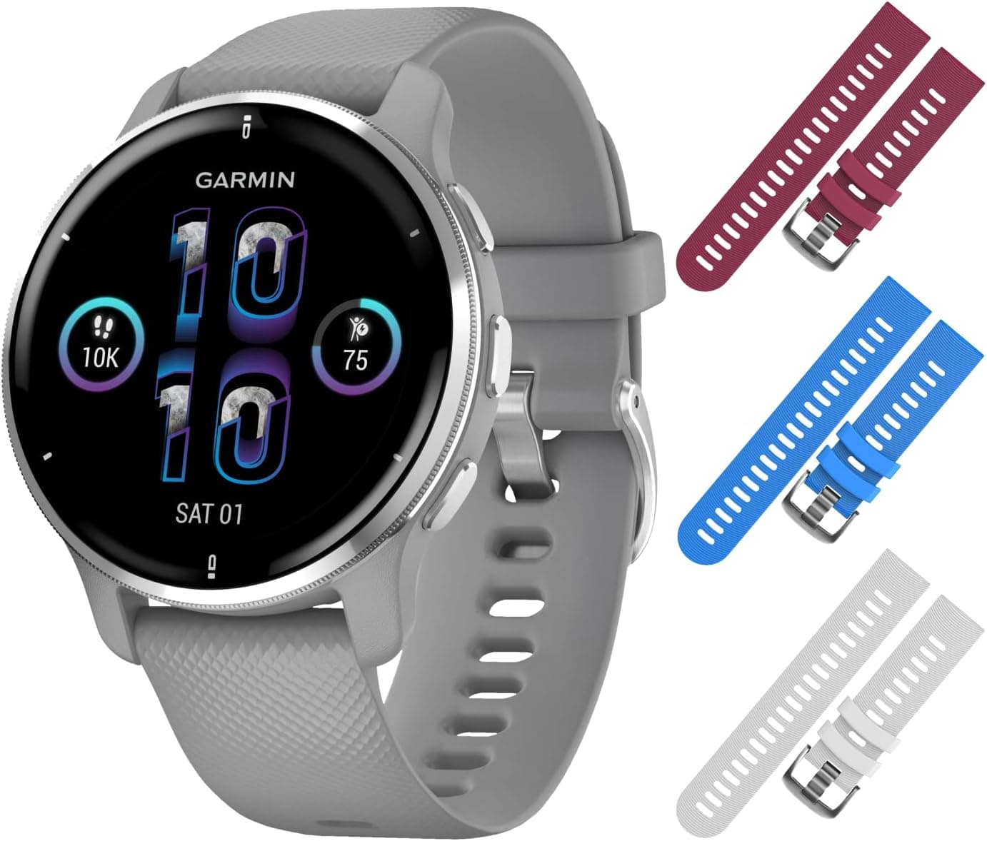 Garmin Venu 2 Plus GPS Multisport Smartwatch, 33 mm with AMOLED Display, Call and Text, Music, Silver Bezel with Powder Gray Case and Wearable4U 3 Straps (Berry+Blue+White) Bundle