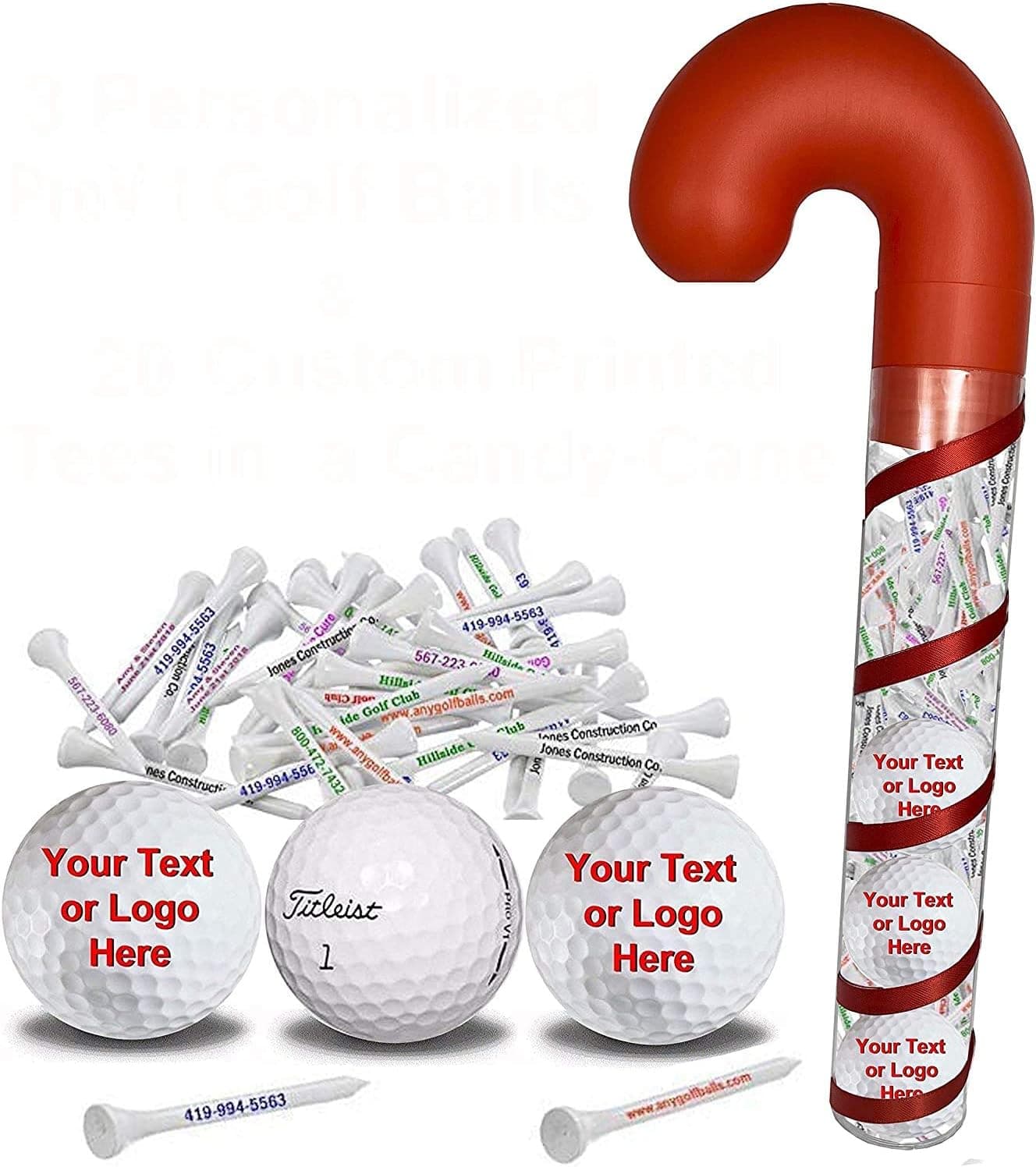 3 Refinished Prov1 Golf Balls and 20 Personalized tees in Candy Cane Packaging