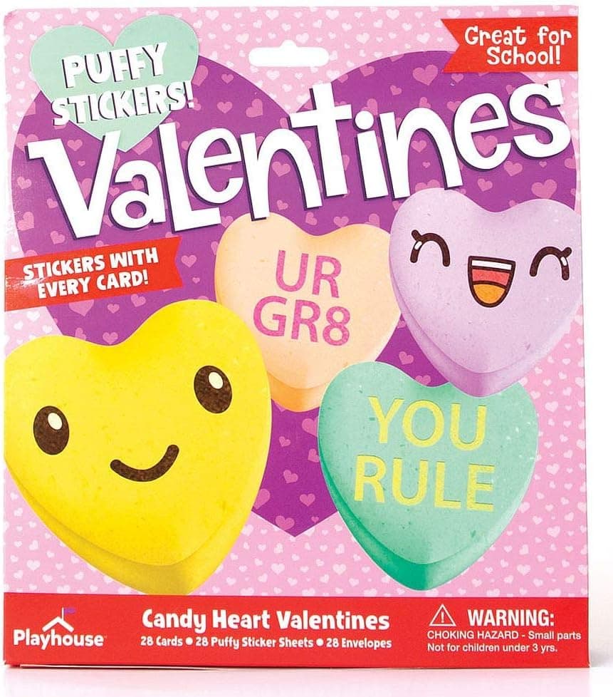 Playhouse Candy Heart Puffy Sticker Sheet 28 Card Super Valentine Exchange Pack for Kids