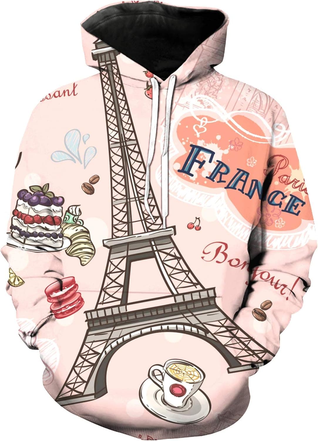 EZON-CH Mens Hoodie Long Sleeve T-Shirts,France Eiffel Tower and Cake Sweatshirts,