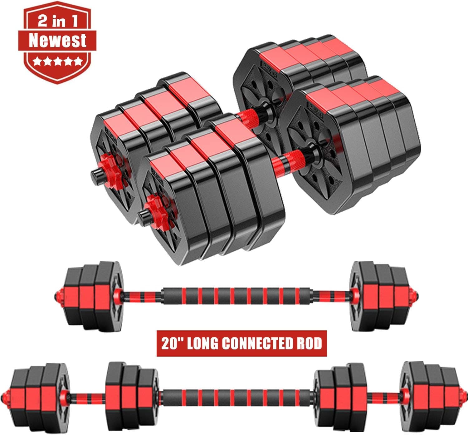 ER KANG 2 in 1 Adjustable Dumbbell Set, 66 LBS Free Weights Dumbbells with Connecting Rod, Lifting Dumbbells Used As Barbell for Whole Body Workout Home Gym, 2 Pair/Set (Red)