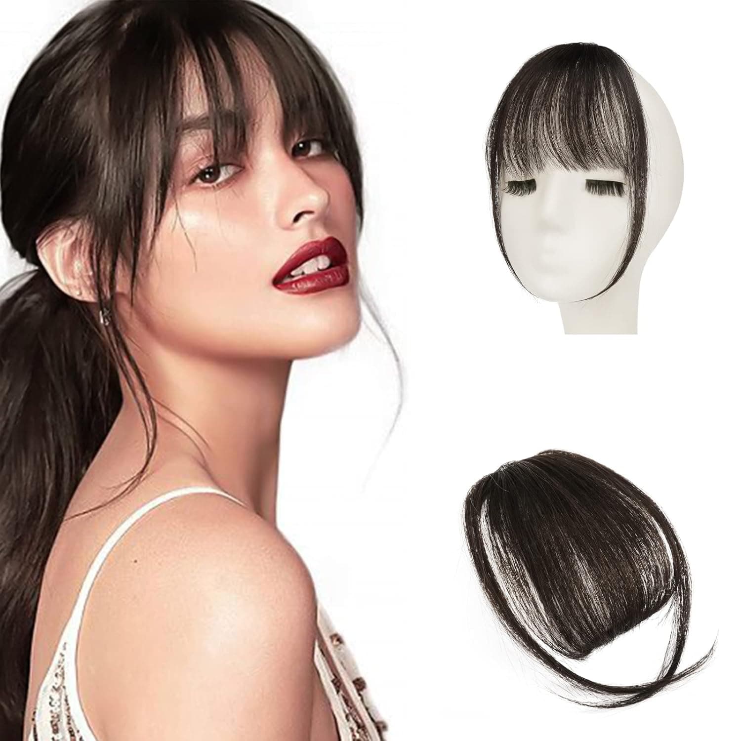 SOFEIYAN Bangs Hair Clip in Bangs 100% Human Hair Bangs Extension Air Bangs Wispy Bangs French Bangs with Temples Clip on Flat Neat Bangs Fringe Natural Hairpieces for Women(Dark Brown)