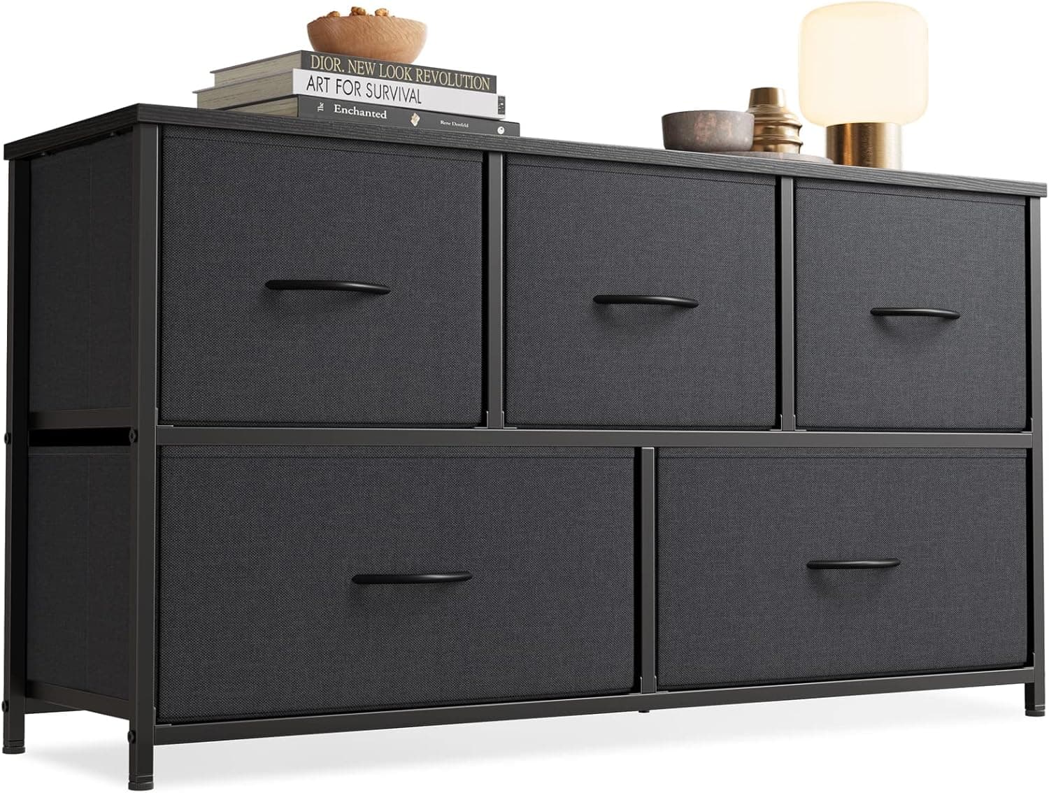 Cubiker Dresser Storage Organizer, 5 Drawer Dresser Tower Unit for Bedroom Hallway Entryway Closets, Small Dresser Clothes Storage with Wide Sturdy Steel Frame Wood Top, Black Grey
